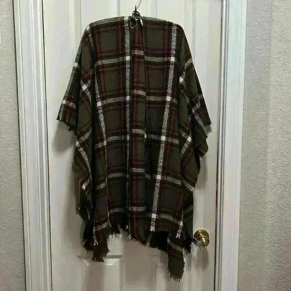 Green Orange Cream Plaid Oversized Shawl Wrap Wearable Scarf Cozy Fall OS - Picture 2 of 6